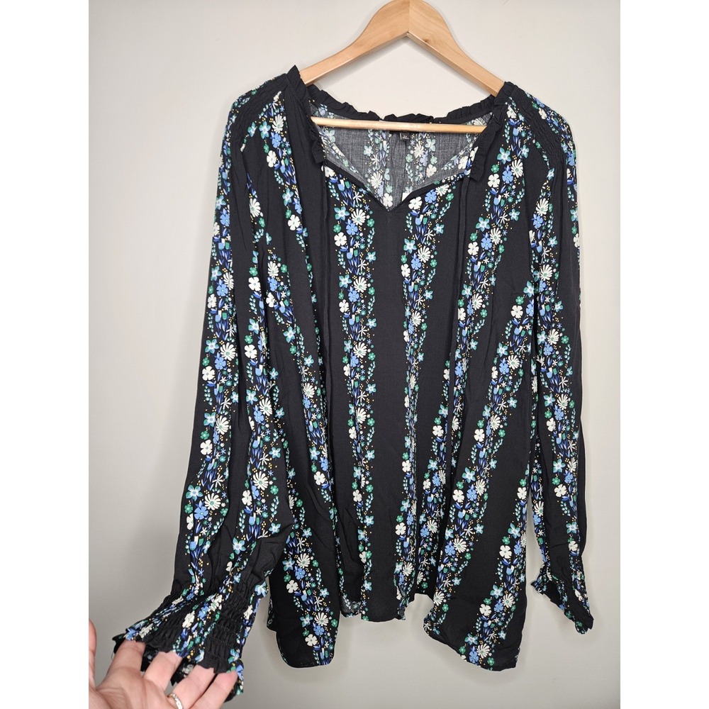 Talbots Blouse 3X Black Floral Peasant Puff Smocked Boho Tassels Feminine Flowy - Picture 3 of 12